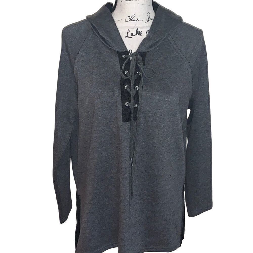 VERY J gray & black hooded cross cross long sweatshirt small‎